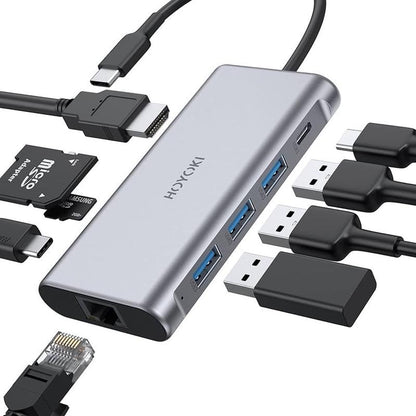 9-in-1 USB-C Multiport Hub with 4K HDMI, Ethernet, Thunderbolt 3, USB-C Data Port, 3 USB 3.0 Ports, and SD/TF Card Reader for MacBook Pro/Air